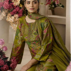 Olive Green Floral Printed Punjabi Suit Set