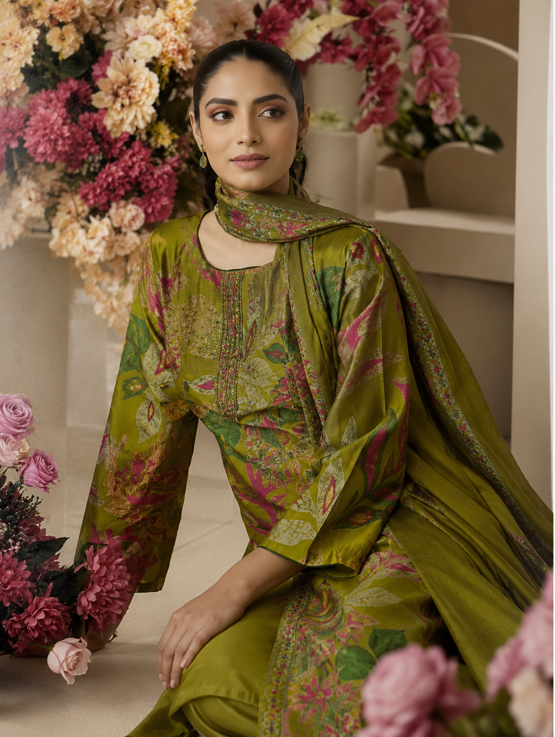 Olive Green Floral Printed Punjabi Suit Set
